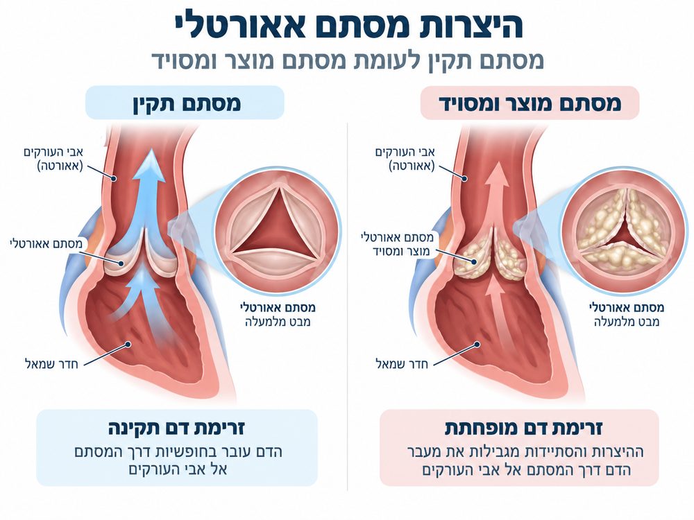 איור 1. מסתם אאורטלי תקין לעומת מסתם מוצר ומסויד.