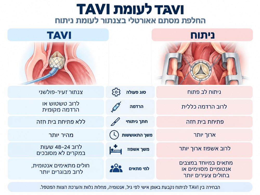 איור 3. השוואה כללית בין TAVI לבין ניתוח להחלפת המסתם האאורטלי.