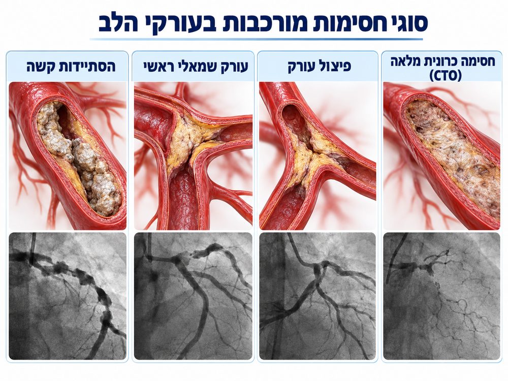 איור 1. הסתיידות קשה, מחלה בעורק השמאלי הראשי, פיצול עורק וחסימה כרונית מלאה. האיורים והתמונות דמויות האנגיוגרפיה נוצרו להמחשה ואינם צילומים מצנתורי מטופלים.