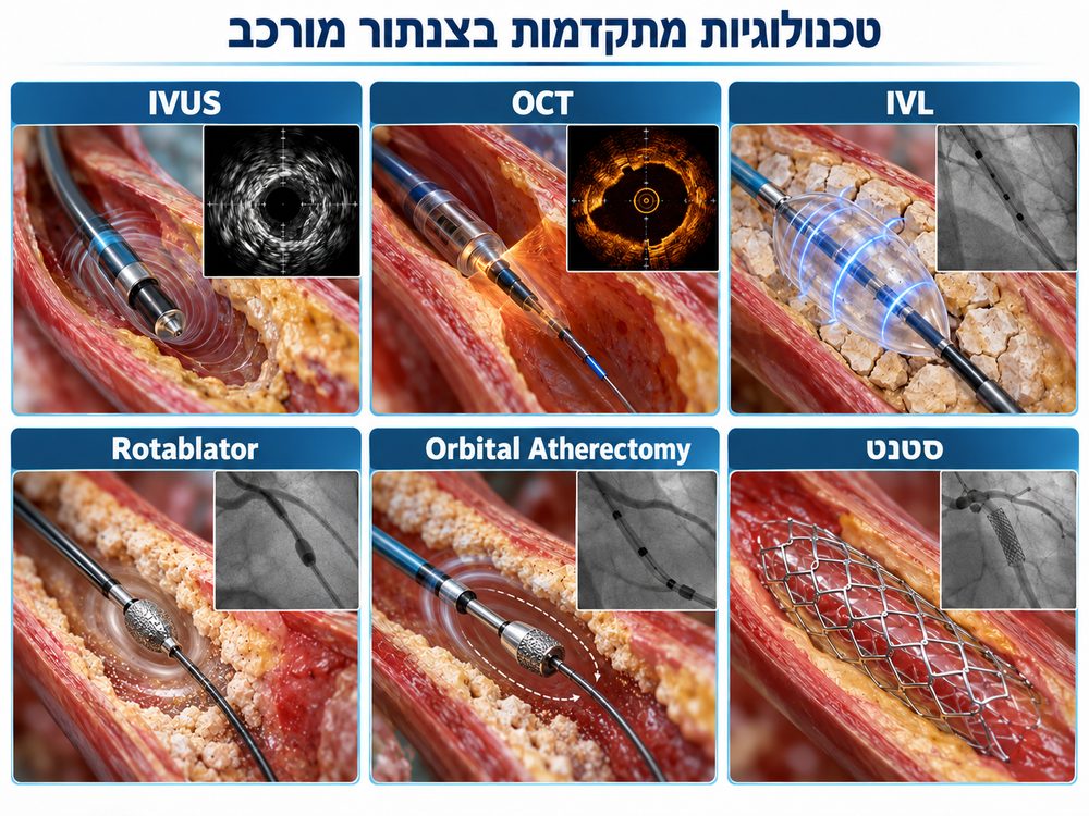 איור 2. IVUS ו־OCT להדמיה מתוך העורק; IVL, Rotablator ושיוף אורביטלי להכנת נגע מסויד; וסטנט לשמירת העורק פתוח. האמצעים מוצגים להמחשה, לרבות תמונות דמויות הדמיה רפואית שנוצרו באופן מלאכותי.