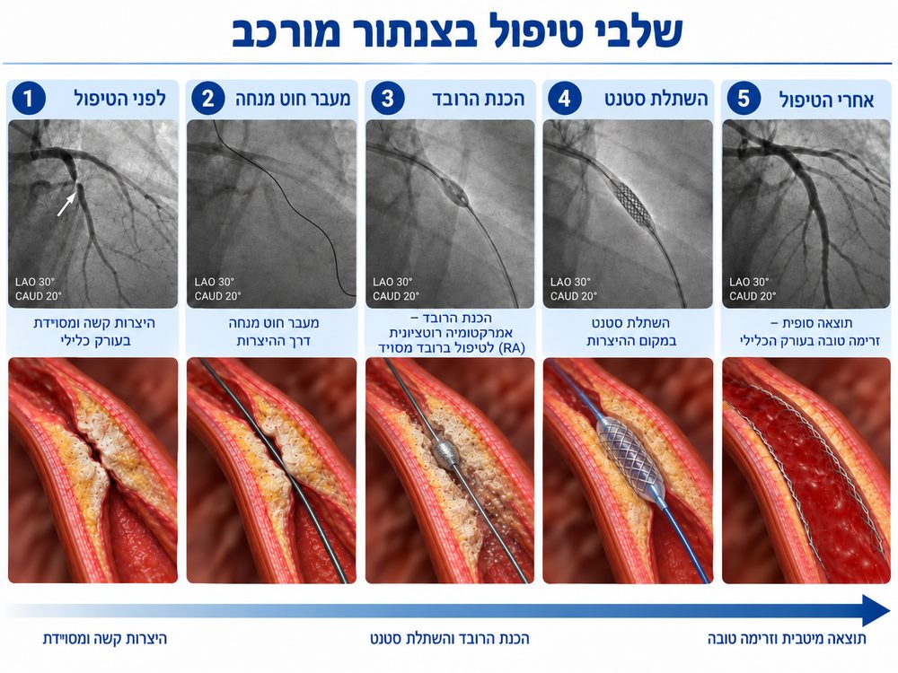 איור 3. היצרות קשה, מעבר חוט מנחה, הכנת הרובד, השתלת סטנט ותוצאה לאחר הטיפול, לפי המספור משמאל לימין. הרצף סכמטי; התמונות דמויות האנגיוגרפיה נוצרו להמחשה ואינן תיעוד של מקרה קליני.
